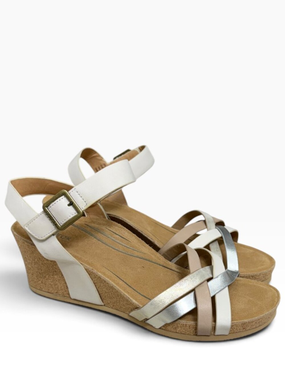 NWOT Aetrex Noelle Ivory Multi Leather Women's Wedge Sandals  Size 11.5